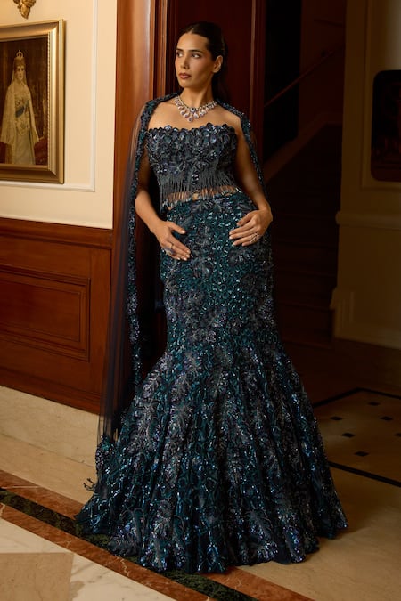 Buy_Opus Atelier_Teal Tulle, Net Sequins, Beads, Peacock Blue Fishcut Lehenga Corset Set _Online_at_Aza_Fashions