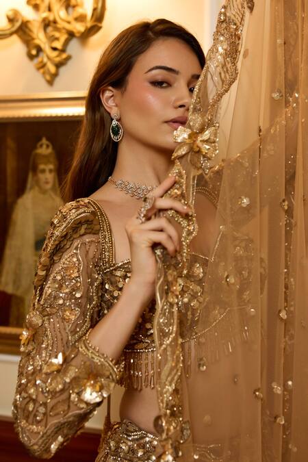 Opus Atelier_Gold Net, Satin, Tulle Sequins, Embroidery, Fabric Flowers, Marigold Lehenga Set _Online_at_Aza_Fashions
