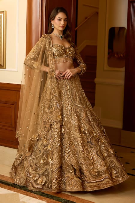 Shop_Opus Atelier_Gold Net, Satin, Tulle Sequins, Embroidery, Fabric Flowers, Marigold Lehenga Set _Online_at_Aza_Fashions