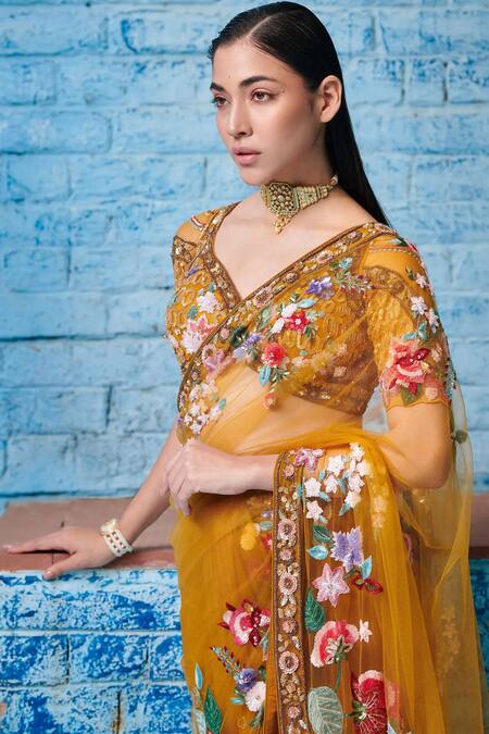 Opus Atelier_Yellow Net, Tulle Embroidery V-neck Floral Saree With Blouse _Online_at_Aza_Fashions