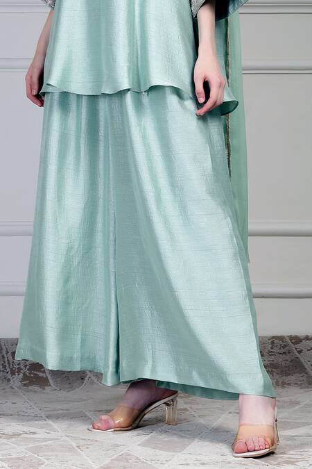 Buy_House Of Supriya_Aqua Silk, Chiffon Embroidery, Metallic Thread, Beads, Yoke Kurta Palazzo Set _Online_at_Aza_Fashions