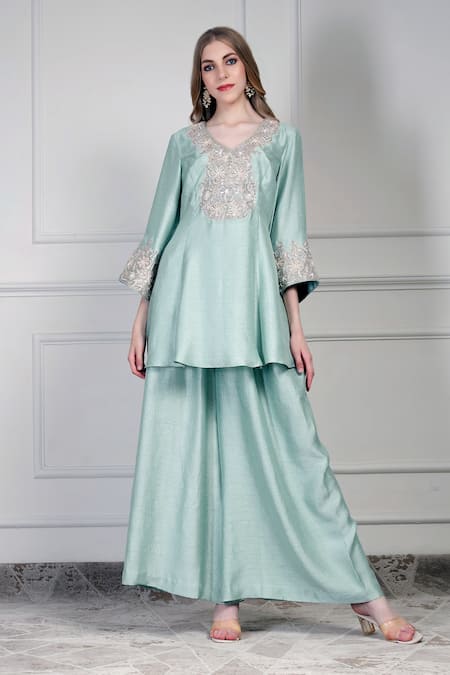 Shop_House Of Supriya_Aqua Silk, Chiffon Embroidery, Metallic Thread, Beads, Yoke Kurta Palazzo Set _Online_at_Aza_Fashions