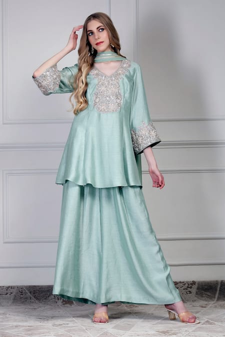 House Of Supriya Aqua Silk, Chiffon Embroidery, Metallic Thread, Beads, Yoke Kurta Palazzo Set 