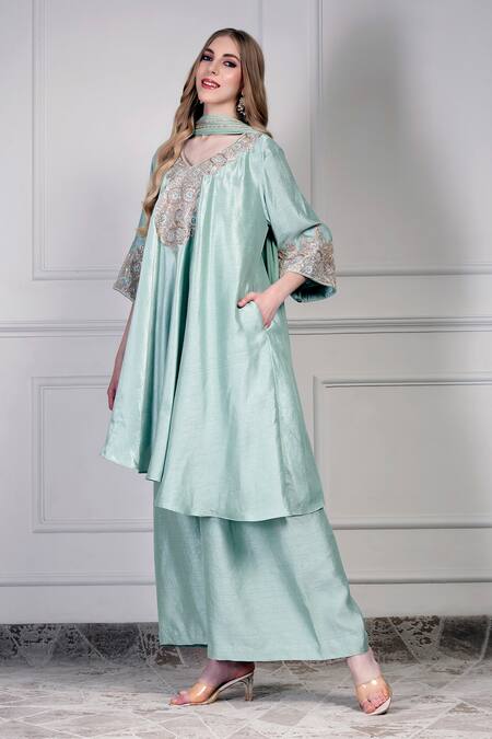 House Of Supriya_Aqua Dupion, Silk, Chiffon Embroidery, Tassels V-neck Asymmetric Kurta Set _Online_at_Aza_Fashions