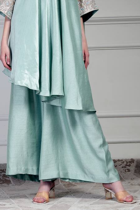 Buy_House Of Supriya_Aqua Dupion, Silk, Chiffon Embroidery, Tassels V-neck Asymmetric Kurta Set _Online_at_Aza_Fashions