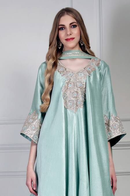 Shop_House Of Supriya_Aqua Dupion, Silk, Chiffon Embroidery, Tassels V-neck Asymmetric Kurta Set _Online_at_Aza_Fashions