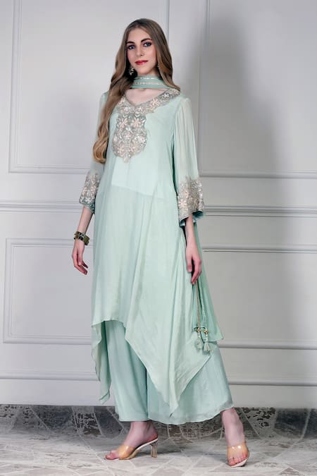 House Of Supriya Aqua Embroidery, Tassels V-neck Asymmetric Kurta Set
