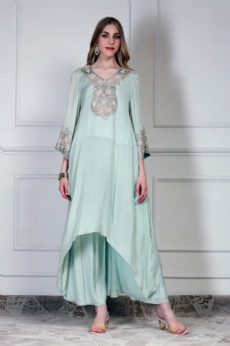 Buy_House Of Supriya_Aqua Embroidery, Tassels V-neck Asymmetric Kurta Set _Online_at_Aza_Fashions