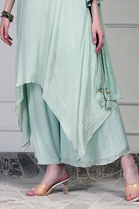 Shop_House Of Supriya_Aqua Embroidery, Tassels V-neck Asymmetric Kurta Set _Online_at_Aza_Fashions