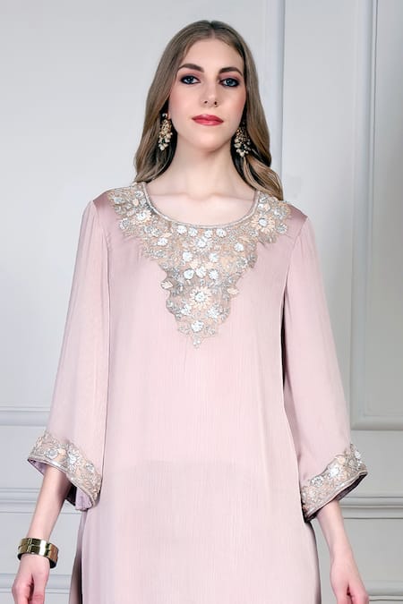 House Of Supriya_Pink Embroidery, Sequins, Beads Round Neck Kurta Set _Online_at_Aza_Fashions
