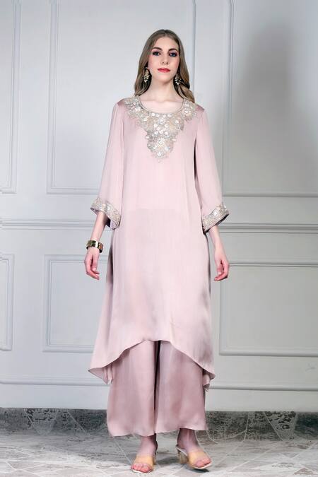 Shop_House Of Supriya_Pink Embroidery, Sequins, Beads Round Neck Kurta Set _Online_at_Aza_Fashions