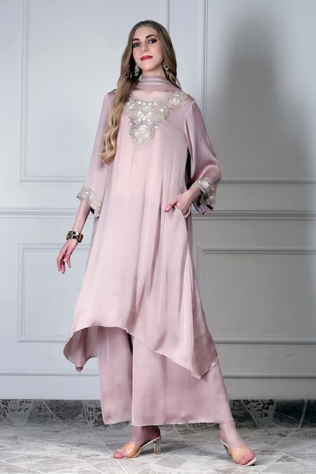 House Of Supriya Pink Embroidery, Sequins, Beads Round Neck Kurta Set 