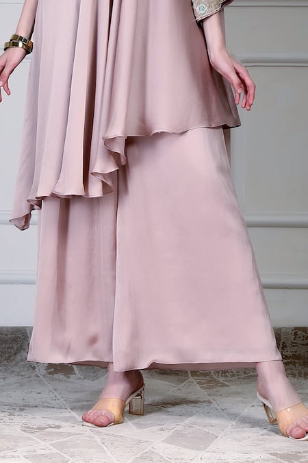 House Of Supriya_Pink Embroidery, Metallic Thread, Zari V-neck Asymmetric Kurta Set _Online_at_Aza_Fashions