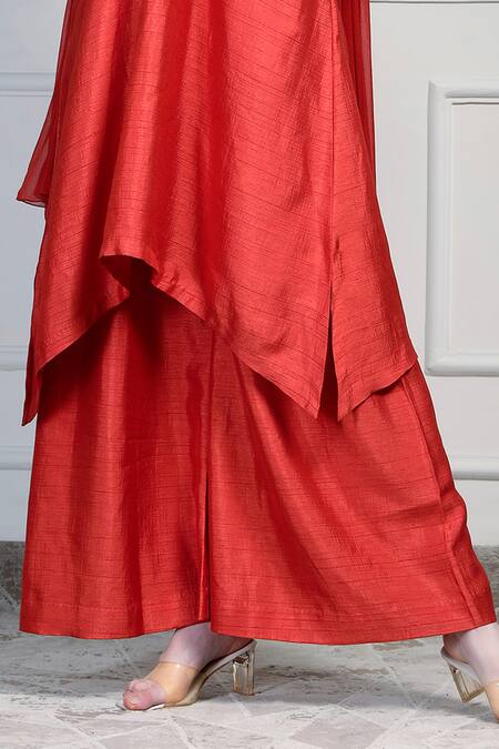 House Of Supriya_Orange Silk, Chiffon Embroidery, Zari, Tassels V-neck Asymmetric Kurta Set _Online_at_Aza_Fashions