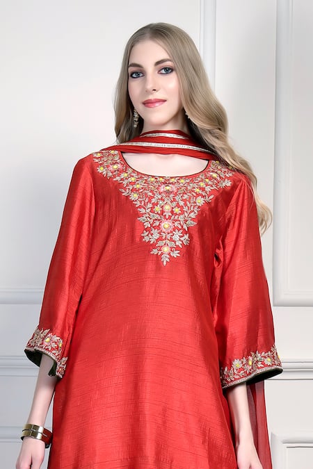 House Of Supriya_Orange Silk, Chiffon Embroidery, Tassels, Zari Round Neck Yoke Kurta Palazzo Set _Online_at_Aza_Fashions