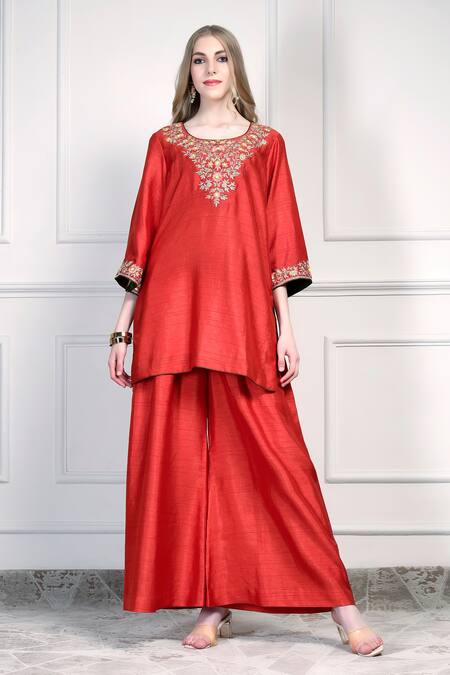 Buy_House Of Supriya_Orange Silk, Chiffon Embroidery, Tassels, Zari Round Neck Yoke Kurta Palazzo Set _Online_at_Aza_Fashions
