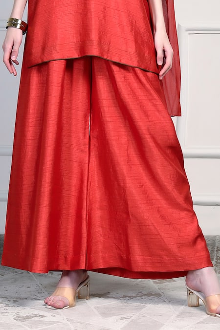 Shop_House Of Supriya_Orange Silk, Chiffon Embroidery, Tassels, Zari Round Neck Yoke Kurta Palazzo Set _Online_at_Aza_Fashions