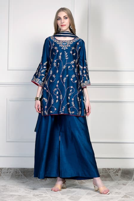 House Of Supriya Teal Chiffon, Silk Embroidery, Tassels, Piping Round Neck Floral Kurta Set