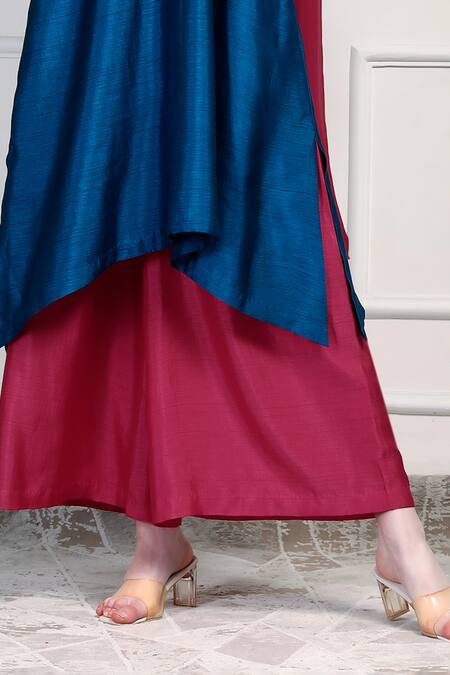 House Of Supriya_Teal Dupion, Chiffon Embroidery, Zari, Tassels V-neck Yoke Kurta Palazzo Set _Online_at_Aza_Fashions