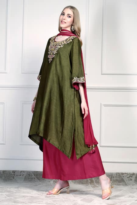 House Of Supriya_Olive Green Silk, Chiffon Embroidery, Metallic Thread, Asymmetric Kurta Set _Online_at_Aza_Fashions