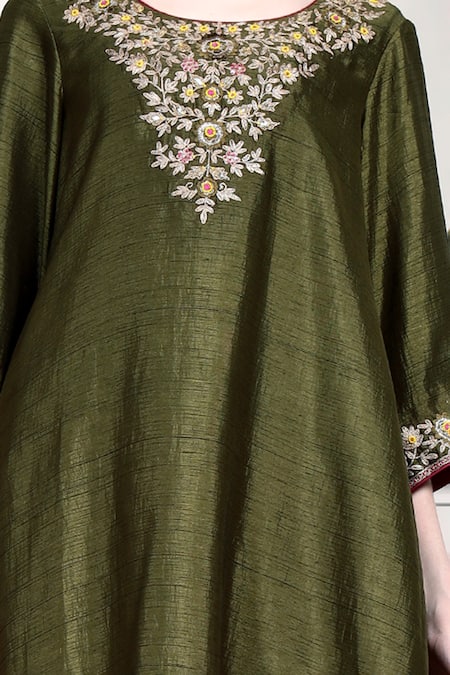 Buy_House Of Supriya_Olive Green Silk, Chiffon Embroidery, Metallic Thread, Asymmetric Kurta Set _Online_at_Aza_Fashions