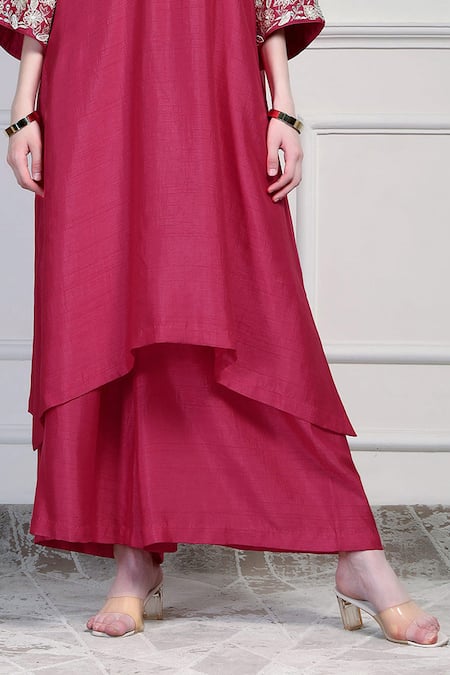 House Of Supriya_Pink Silk, Chiffon Embroidery, Tassels V-neck Asymmetric Kurta Set _Online_at_Aza_Fashions