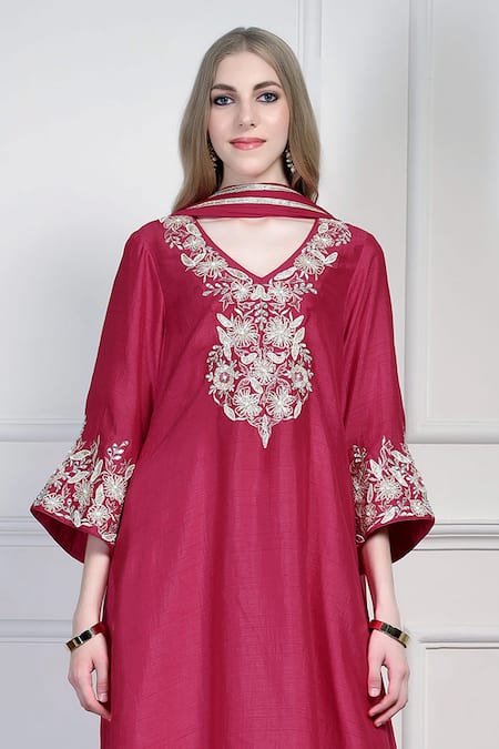 Buy_House Of Supriya_Pink Silk, Chiffon Embroidery, Tassels V-neck Asymmetric Kurta Set _Online_at_Aza_Fashions