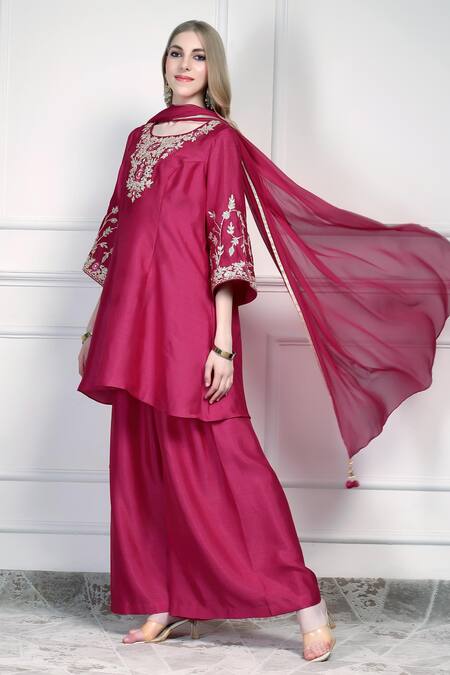 Buy_House Of Supriya_Pink Chiffon Embroidery, Tassels Round Neck Yoke Kurta Palazzo Set _Online_at_Aza_Fashions