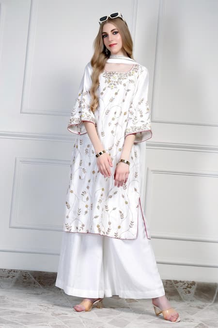 House Of Supriya Ivory Silk, Chiffon Embroidery, Tassels Round Neck Floral Kurta Set