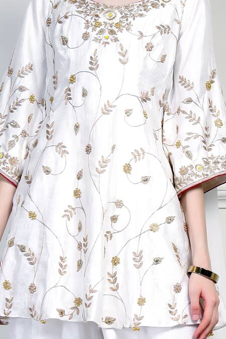 House Of Supriya_Ivory Silk, Chiffon Embroidery, Metallic Thread, Tassels Round Floral Kurta Set _Online_at_Aza_Fashions