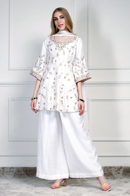 House Of Supriya Ivory Silk, Chiffon Embroidery, Metallic Thread, Tassels Round Floral Kurta Set 