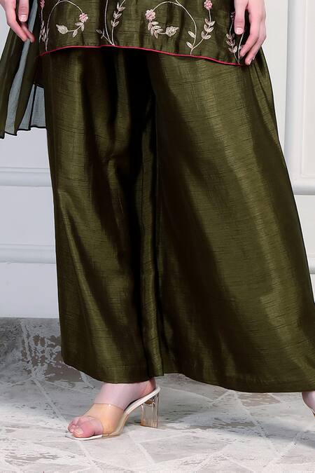 House Of Supriya Olive Green Silk, Chiffon Embroidery, Tassels Round Neck Kurta Palazzo Set Online at Aza Fashions House Of Supriya_Olive Green Silk, Chiffon Embroidery, Tassels Round Neck Kurta Palazzo Set _Online_at_Aza_Fashions