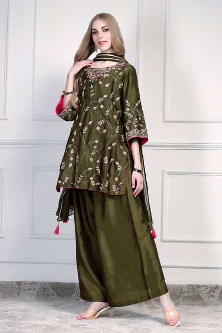 Buy House Of Supriya Olive Green Silk, Chiffon Embroidery, Tassels Round Neck Kurta Palazzo Set Online at Aza Fashions Buy_House Of Supriya_Olive Green Silk, Chiffon Embroidery, Tassels Round Neck Kurta Palazzo Set _Online_at_Aza_Fashions
