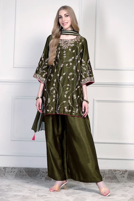 House Of Supriya Olive Green Silk, Chiffon Embroidery, Tassels Round Neck Kurta Palazzo Set 