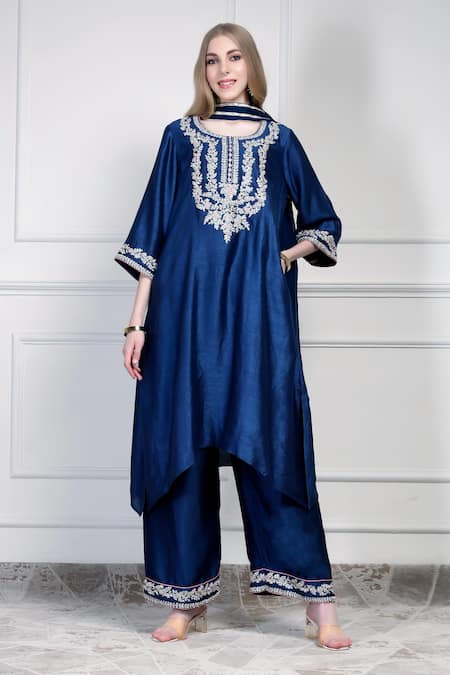 House Of Supriya Blue Chiffon Embroidery, Metallic Thread, Tassels Round Yoke Kurta Palazzo Set 