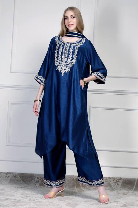 House Of Supriya_Blue Chiffon Embroidery, Metallic Thread, Tassels Round Yoke Kurta Palazzo Set _Online_at_Aza_Fashions