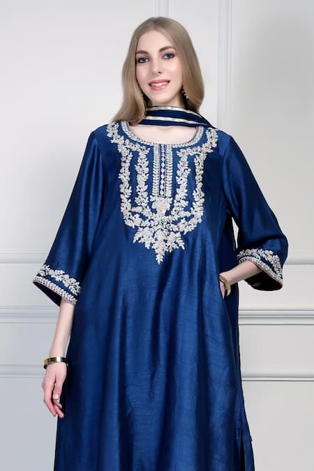 Buy_House Of Supriya_Blue Chiffon Embroidery, Metallic Thread, Tassels Round Yoke Kurta Palazzo Set _Online_at_Aza_Fashions