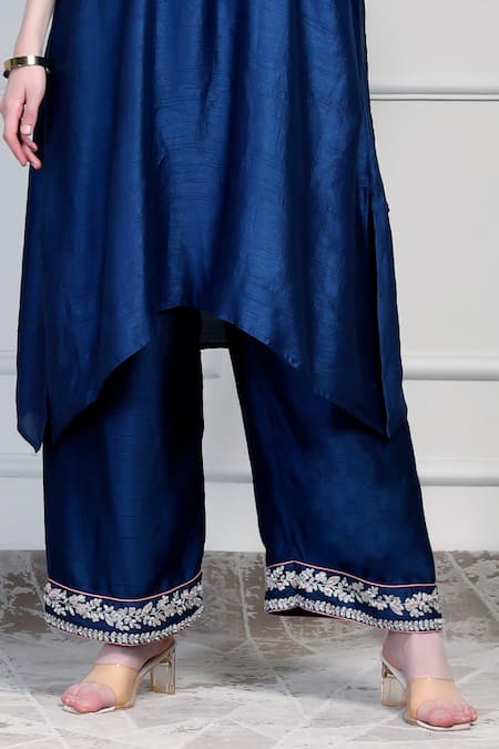 Shop_House Of Supriya_Blue Chiffon Embroidery, Metallic Thread, Tassels Round Yoke Kurta Palazzo Set _Online_at_Aza_Fashions