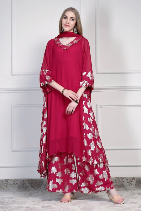 House Of Supriya Pink Georgette Beads, Foil Printing V-neck Floral Pattern Kurta Palazzo Set 
