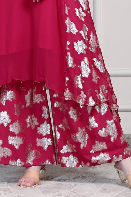 Buy_House Of Supriya_Pink Georgette Beads, Foil Printing V-neck Floral Pattern Kurta Palazzo Set _Online_at_Aza_Fashions