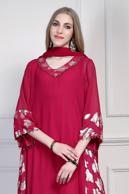 Shop_House Of Supriya_Pink Georgette Beads, Foil Printing V-neck Floral Pattern Kurta Palazzo Set _Online_at_Aza_Fashions