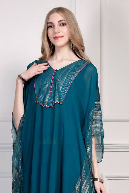 House Of Supriya_Teal Georgette Metallic Thread, Beads V-neck Textured Kaftan With Gharara _Online_at_Aza_Fashions