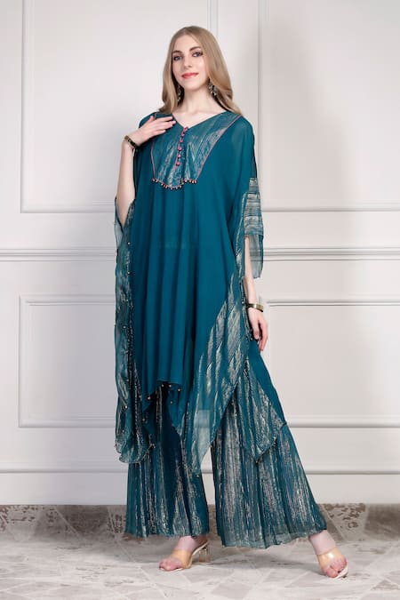 House Of Supriya Teal Georgette Metallic Thread, Beads V-neck Textured Kaftan With Gharara 
