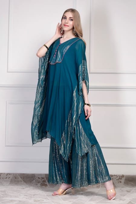 Buy_House Of Supriya_Teal Georgette Metallic Thread, Beads V-neck Textured Kaftan With Gharara _Online_at_Aza_Fashions