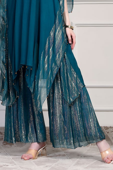 Shop_House Of Supriya_Teal Georgette Metallic Thread, Beads V-neck Textured Kaftan With Gharara _Online_at_Aza_Fashions