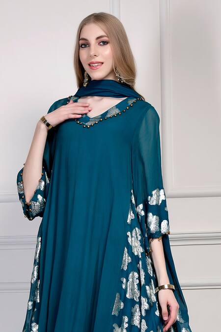 House Of Supriya_Teal Georgette Beads, Foil Printing V-neck Floral Pattern Kurta Palazzo Set _Online_at_Aza_Fashions