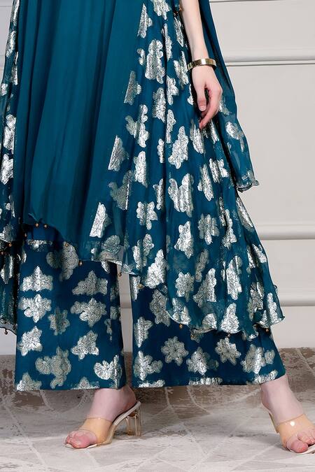 Buy_House Of Supriya_Teal Georgette Beads, Foil Printing V-neck Floral Pattern Kurta Palazzo Set _Online_at_Aza_Fashions