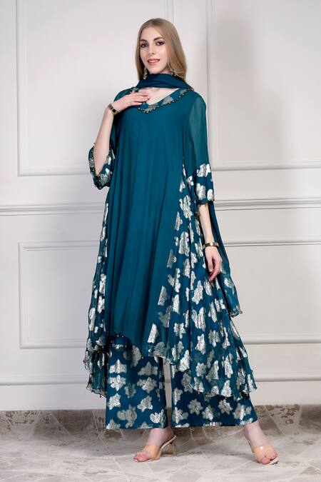 Shop_House Of Supriya_Teal Georgette Beads, Foil Printing V-neck Floral Pattern Kurta Palazzo Set _Online_at_Aza_Fashions