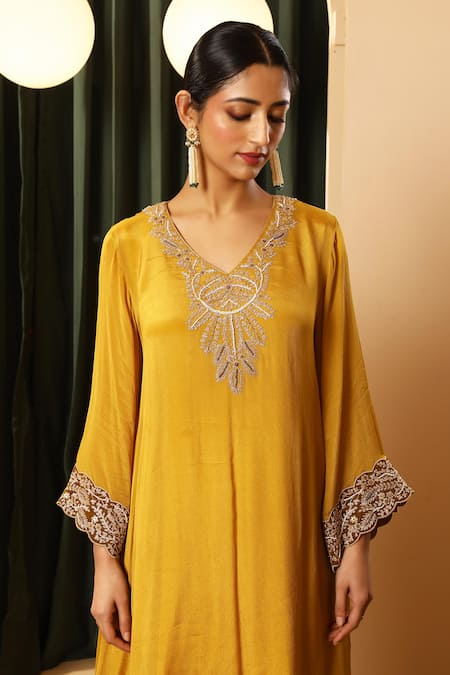 House Of Supriya_Mustard Chiffon, Satin Embroidery, Metallic Thread V-neck Kurta With Palazzo _Online_at_Aza_Fashions