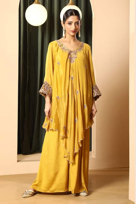House Of Supriya_Mustard Embroidery V-neck High Low Kurta With Palazzo _Online_at_Aza_Fashions